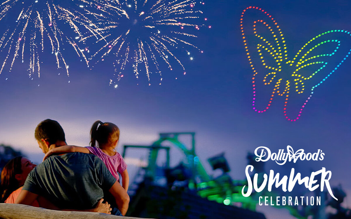 Dollywood's Summer Celebration Graphic with family watching fireworks and animation in the sky.
